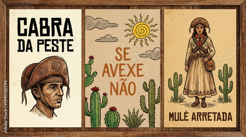 Brazilian Northeast Culture Illustration Set with Cangaço Characters and Cacti in Vintage Cordel Style