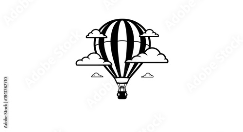 Black and white hot air balloon illustration with clouds.