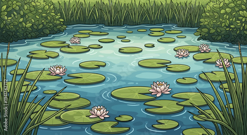 Beautiful Water Lilies Floating on a Serene Pond Surface.