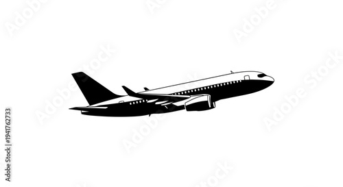 Black and white illustration of a commercial airplane taking off, showcasing its sleek design and powerful engines.