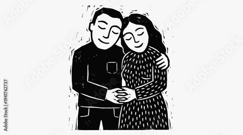 Linocut Style Illustration of a Loving Couple Embracing, Black and White Romantic Woodcut Art of a Man and Woman Together