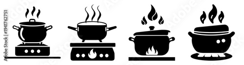 Four cooking pots with steam rising on black stovetop illustration minimalist kitchen concept vector graphic