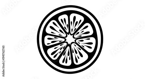 Black and white illustration of a citrus fruit slice.