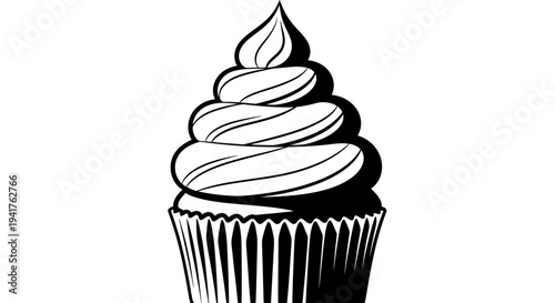 Black and white illustration of a frosted cupcake.