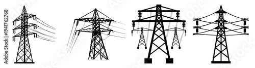 Electricity power transmission towers line black white vector illustration industrial energy infrastructure outdoor landscape grid system