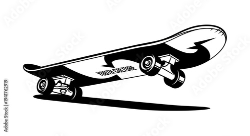 Black and white illustration of a skateboard in motion.