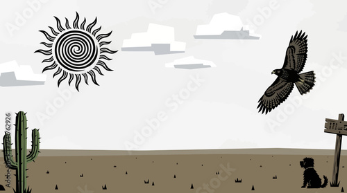Minimalist Desert Landscape Illustration featuring a Tribal Spiral Sun Flying Hawk Saguaro Cactus and Dog Silhouette in the Wild West