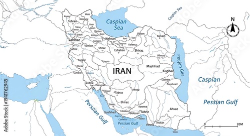 detailed map of iran with major cities, caspian sea and persian gulf. geographic illustration.