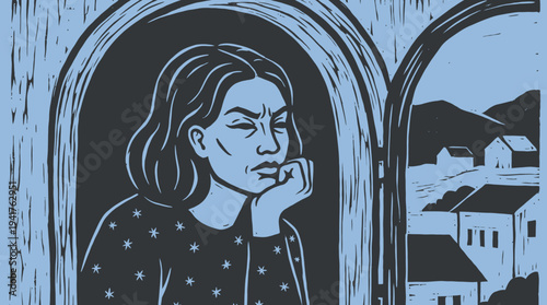 Pensive Woman Looking Out of Window at Village Landscape, Melancholic Linocut Illustration, Loneliness and Contemplation Concept Art