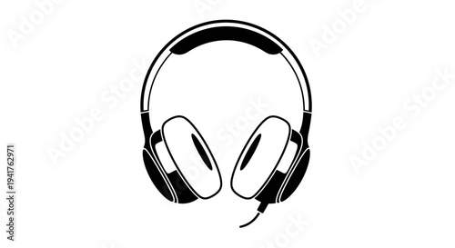 Black and white illustration of modern headphones with microphone.