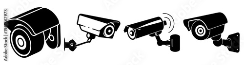 Set of modern black security cameras isolated on white background for surveillance and monitoring systems
