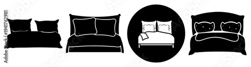 Minimalist black and white bedroom decor set with pillows bed headboard and circular frame mockup flat lay