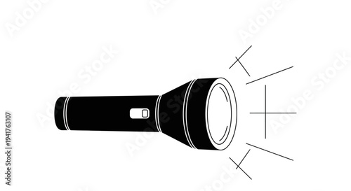 Black flashlight emitting light beam on white background.