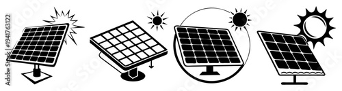 Solar panel energy system icons set with sun charging renewable power sources for sustainable electricity and green technology