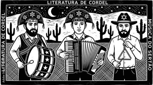 Traditional Brazilian Cordel Style Xylography Illustration of Forró Musicians in the Sertão Landscape with Accordion, Zabumba, and Triangle