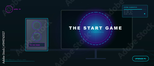 A futuristic computer gaming setup with a monitor displaying game