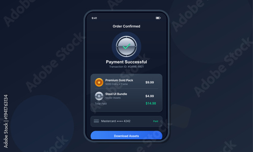 A dark mode mobile application interface displays a successful