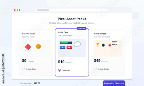 A clean web interface design displays three subscription tiers for