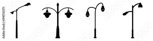 Row of modern black street lamps with hanging lanterns against white background minimalist urban lighting design