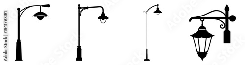 Set of four black outdoor street lamps with vintage lanterns and modern designs on poles isolated on white background