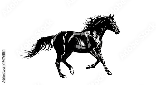 Black horse running with flowing mane and tail.