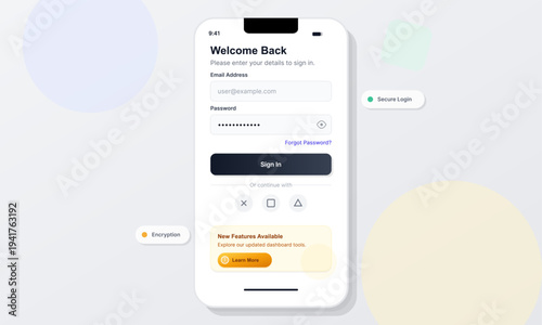 A modern mobile app login interface on a smartphone screen featuring