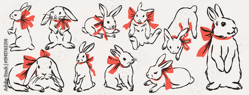Easter doodle stickers, spring holiday decorative prints set. Hand drawn cute bunnies with red bow and ribbons decoration art collection. Whimsical badge, seasonal animal for dinner invitation card.