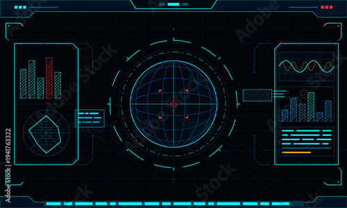 Futuristic HUD interface featuring a digital wireframe globe, data