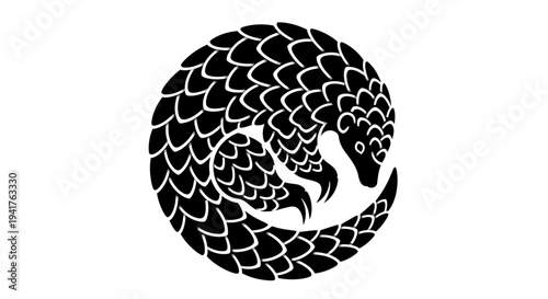 Black Pangolin Illustration Curled Up in a Circle.