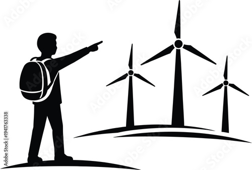 Minimalist black vector silhouette of a hiker with a backpack pointing toward wind turbines, symbolizing renewable energy, green power, and a sustainable eco future.