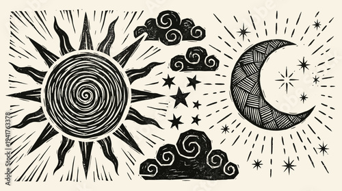 Celestial Woodcut Illustration of Sun and Moon with Stars and Clouds, Mystic Folk Art Style Hand Drawn Print on Textured Background