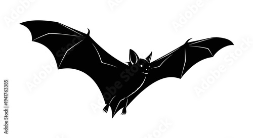 Black silhouette of a bat in flight with wings spread wide.