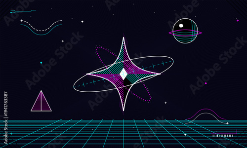 A retro-futuristic vector illustration featuring a central neon star