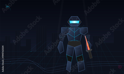 A vector illustration of a futuristic robot warrior in dark blue