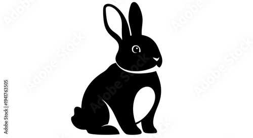 Black silhouette of a cute rabbit sitting and looking forward.