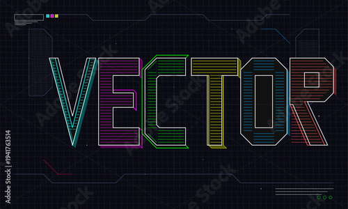 A stylized 3D representation of the word VECTOR in neon colors on a