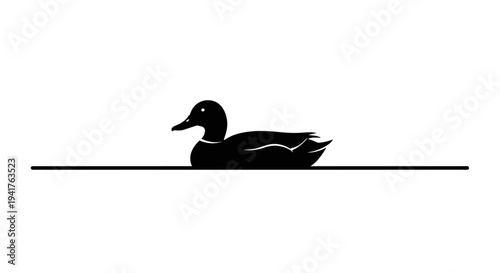 Black silhouette of a duck swimming on a thin line.