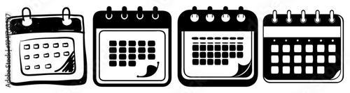 Set of four modern minimalist black and white retro alarm clocks isolated on white background for time management and punctuality concept