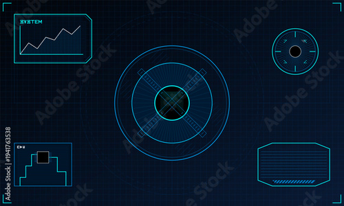 A futuristic digital head-up display interface featuring a central