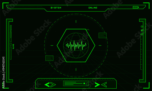 A futuristic green head-up display interface features a hexagonal