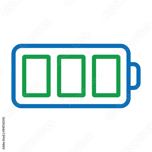 Battery icon with three green bars indicating full charge on white background with blue outline