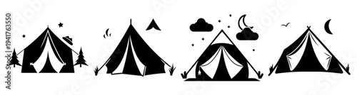 Set of four black and white camping tents in various weather conditions outdoor adventure minimalist vector illustration