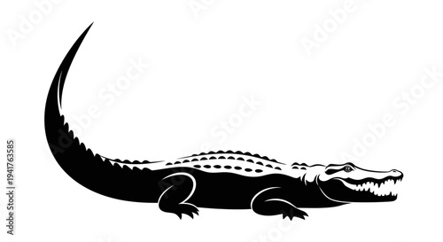 Black Silhouette of a Fierce Alligator with Sharp Teeth.