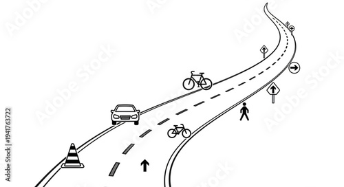 Road safety illustration with cars, bicycles, and pedestrian crossing.