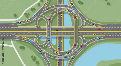 Aerial View of a Complex Highway Interchange with Traffic.