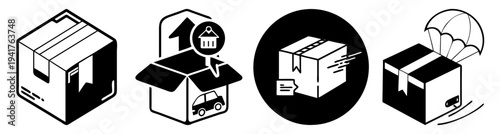 Flat design brain and boxes icons set with creativity and innovation concepts in monochrome vector illustration