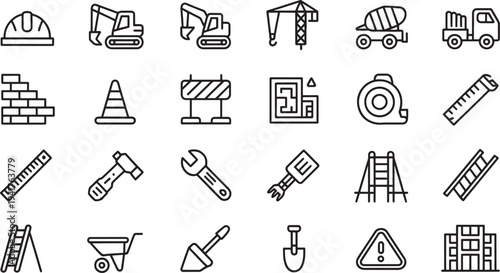 Black and white of construction tools and equipment arranged in a grid