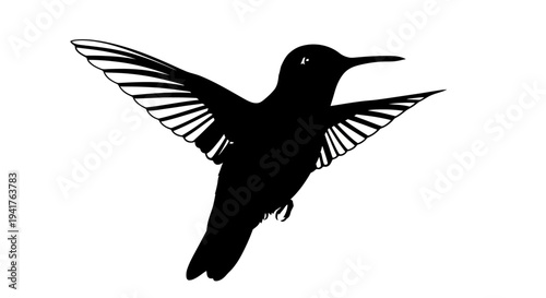 Black silhouette of a hummingbird in flight with wings spread.