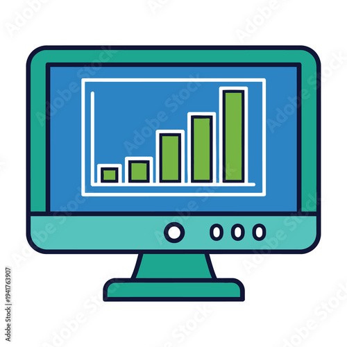Computer monitor displaying green bar graph on blue screen simple modern design digital data visualization business analytics statistics growth trend chart report