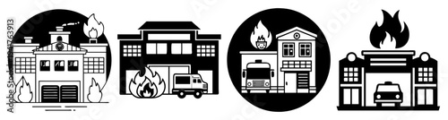 Vintage haunted house icons set with ghosts zombies and spooky elements in black and white line art style for halloween